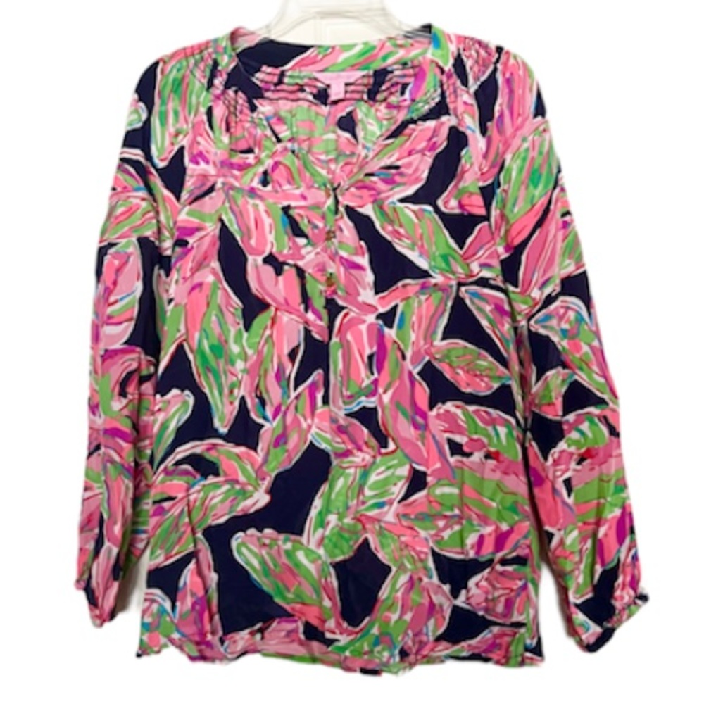 Lilly Pulitzer 100% SILK  Sarasota Blouse  Pink Green Leaf Print Small